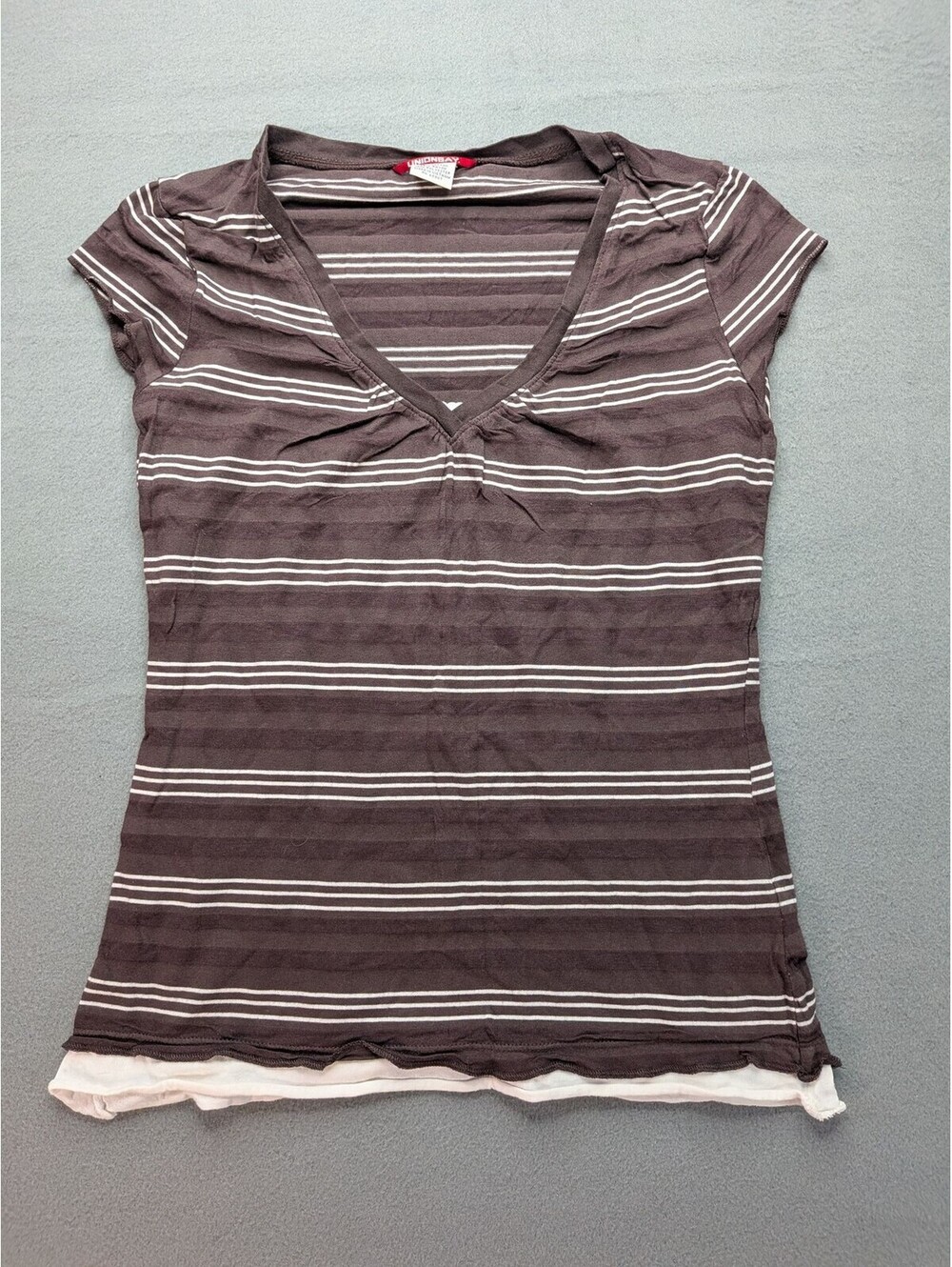 UNIONBAY T-Shirt Womens M Brown Short Sleeve Stripe V Neck Pleated Layered Top